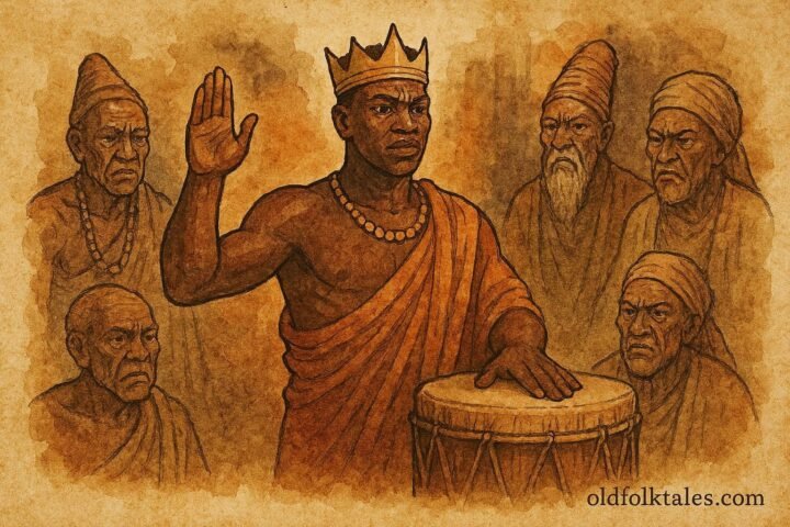 illustration of a king taking oath before sacred drum, Burundian folktale scene.