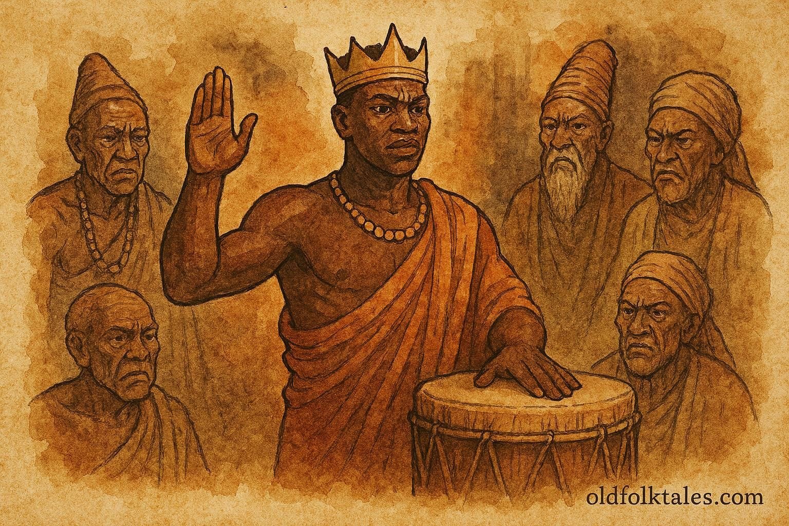 illustration of a king taking oath before sacred drum, Burundian folktale scene.