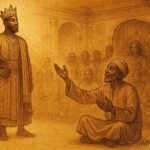 An illustration of king without shadow listening to storyteller in Burundian royal court.