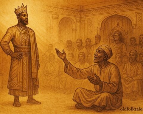 An illustration of king without shadow listening to storyteller in Burundian royal court.