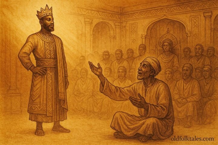 An illustration of king without shadow listening to storyteller in Burundian royal court.