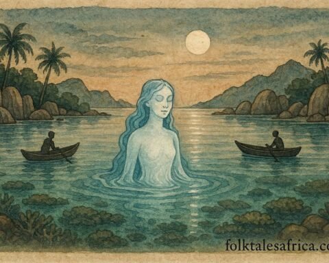 An illustration of mystical water spirit appearing in calm La Digue lagoon, rewarding and judging fishermen.