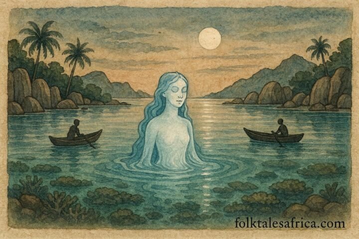 An illustration of mystical water spirit appearing in calm La Digue lagoon, rewarding and judging fishermen.