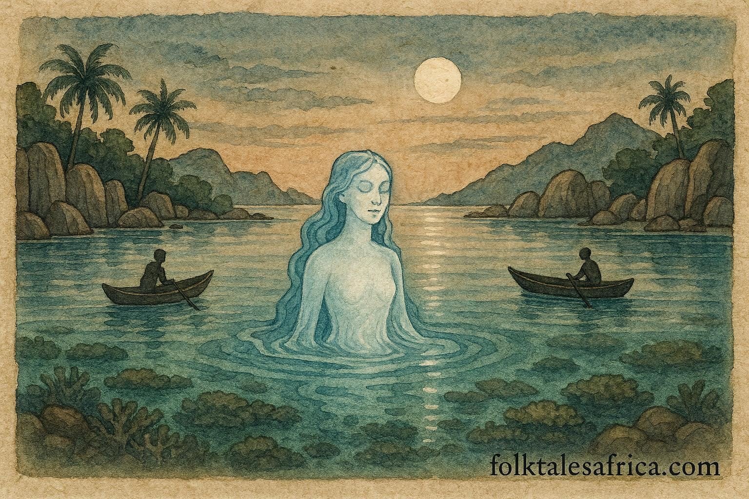 An illustration of mystical water spirit appearing in calm La Digue lagoon, rewarding and judging fishermen.