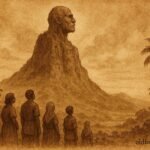 A mountain with human-shaped peak, Mauritian giant stone transformation folktale scene.