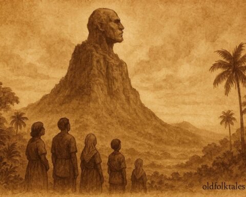 A mountain with human-shaped peak, Mauritian giant stone transformation folktale scene.