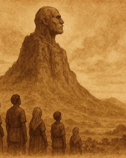 A mountain with human-shaped peak, Mauritian giant stone transformation folktale scene.