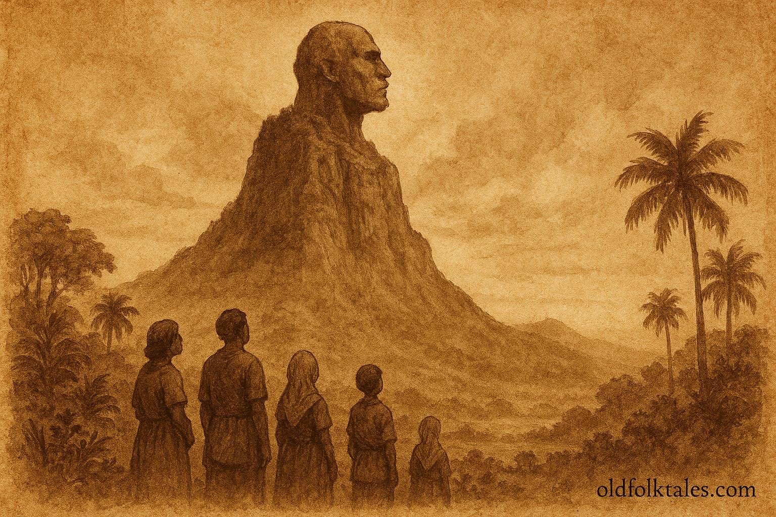 A mountain with human-shaped peak, Mauritian giant stone transformation folktale scene.