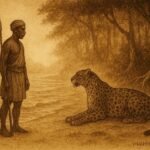 An illustration of fisherman and leopard confrontation in Gabon coastal forest scene.