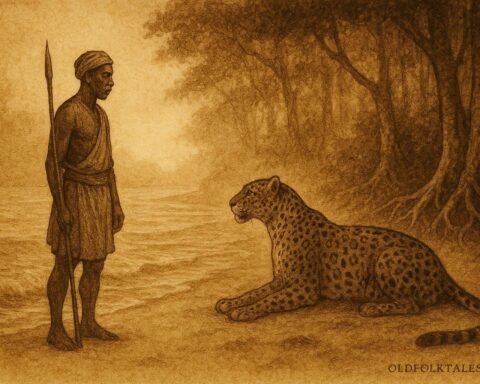 An illustration of fisherman and leopard confrontation in Gabon coastal forest scene.