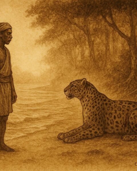 An illustration of fisherman and leopard confrontation in Gabon coastal forest scene.