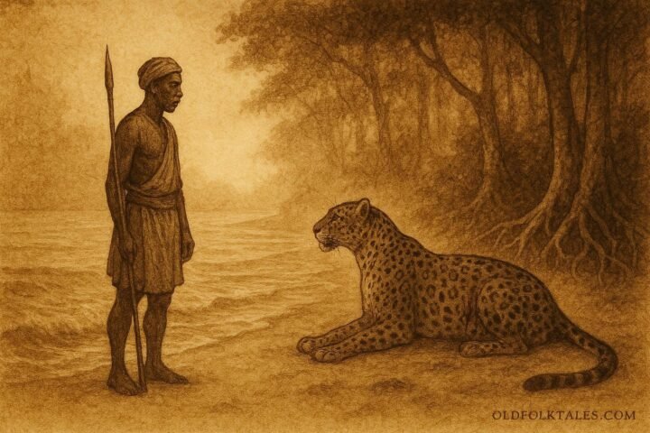 An illustration of fisherman and leopard confrontation in Gabon coastal forest scene.