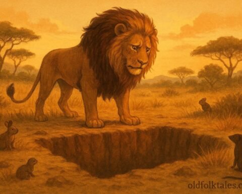 A lion trapped in pit surrounded by animals, Eritrean folktale scene.