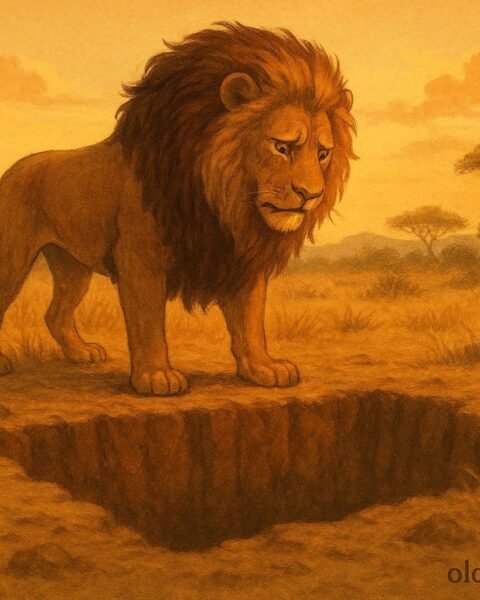 A lion trapped in pit surrounded by animals, Eritrean folktale scene.