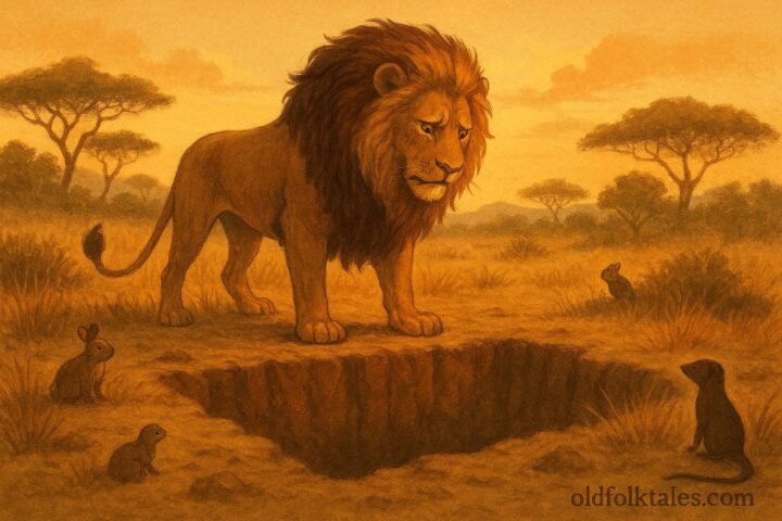 A lion trapped in pit surrounded by animals, Eritrean folktale scene.