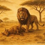 An illustration of lion guarding prey while other animals stand back in Somali savannah.