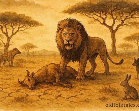 An illustration of lion guarding prey while other animals stand back in Somali savannah.