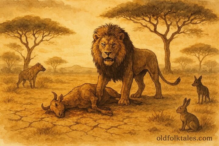 An illustration of lion guarding prey while other animals stand back in Somali savannah.