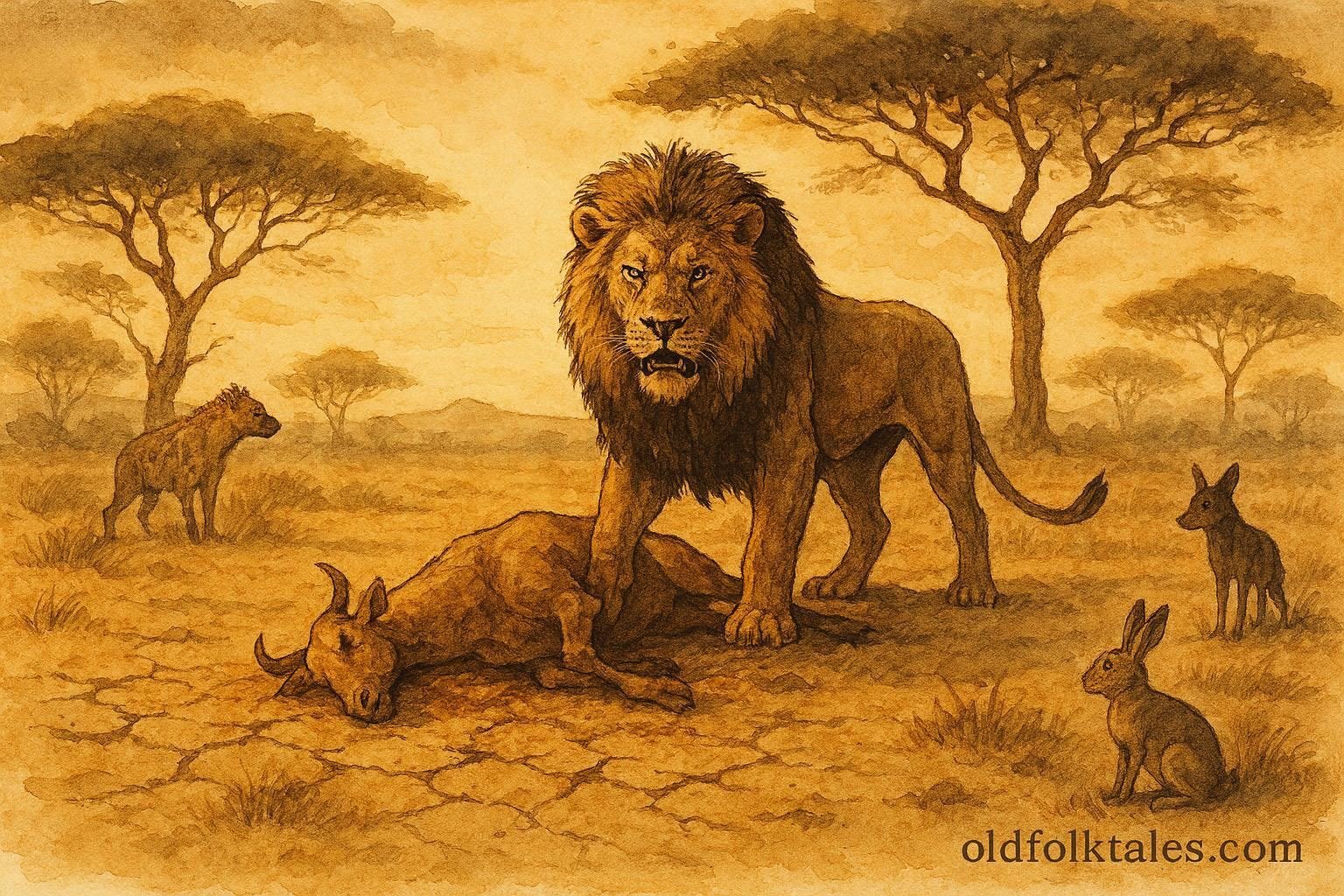 An illustration of lion guarding prey while other animals stand back in Somali savannah.
