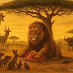 A lion judging animals under tree while others unite in Ethiopian folktale scene.