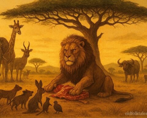 A lion judging animals under tree while others unite in Ethiopian folktale scene.
