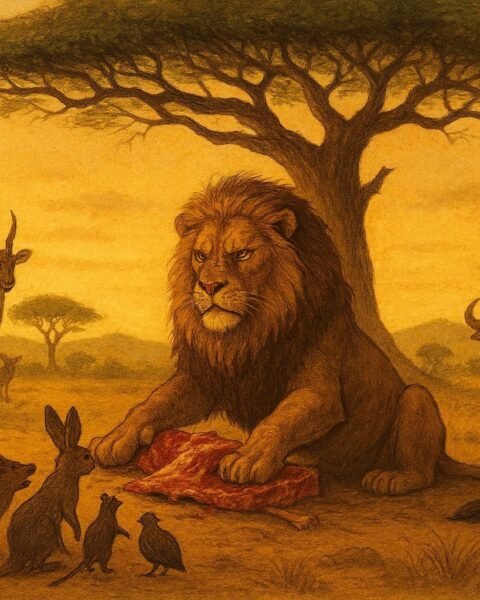 A lion judging animals under tree while others unite in Ethiopian folktale scene.