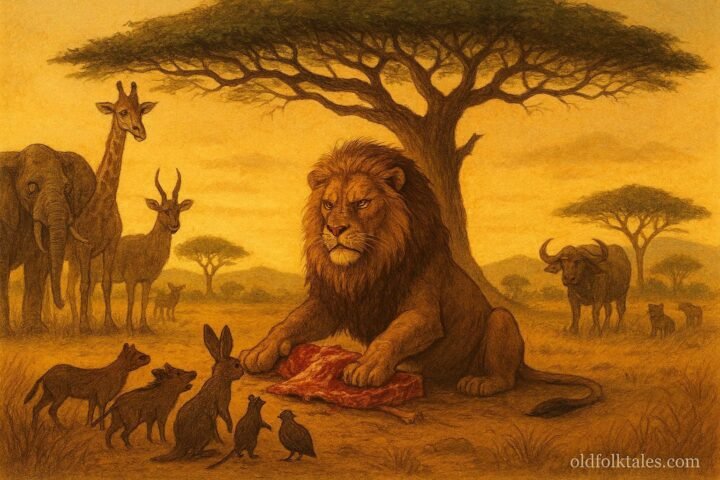 A lion judging animals under tree while others unite in Ethiopian folktale scene.