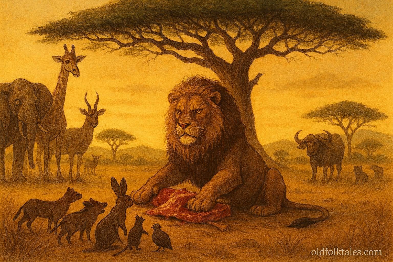 A lion judging animals under tree while others unite in Ethiopian folktale scene.