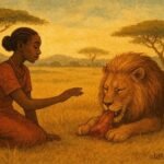 A young woman calmly approaching a lion while it eats in a peaceful savannah setting