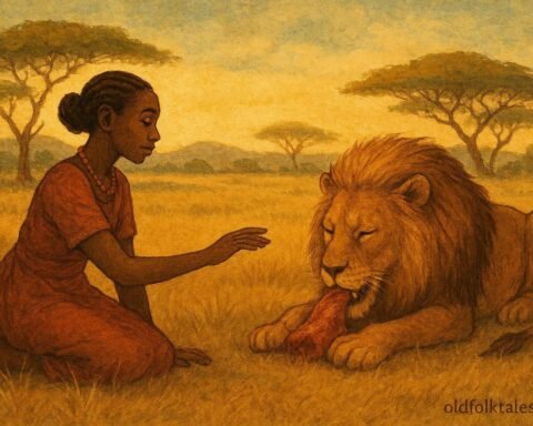 A young woman calmly approaching a lion while it eats in a peaceful savannah setting