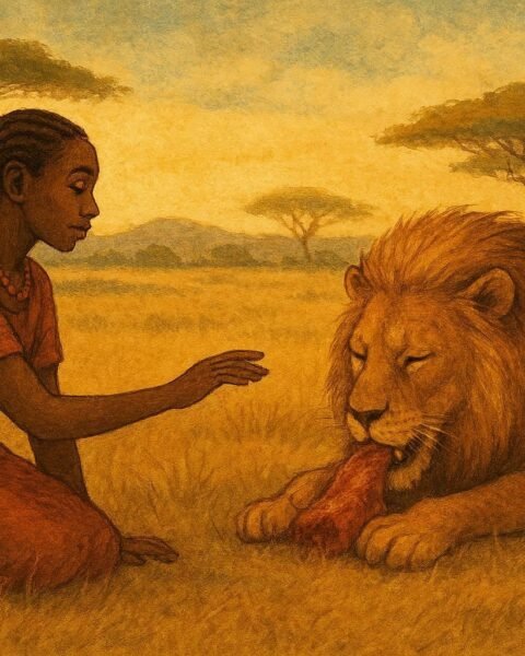 A young woman calmly approaching a lion while it eats in a peaceful savannah setting