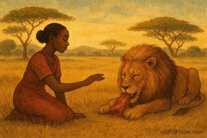 A young woman calmly approaching a lion while it eats in a peaceful savannah setting