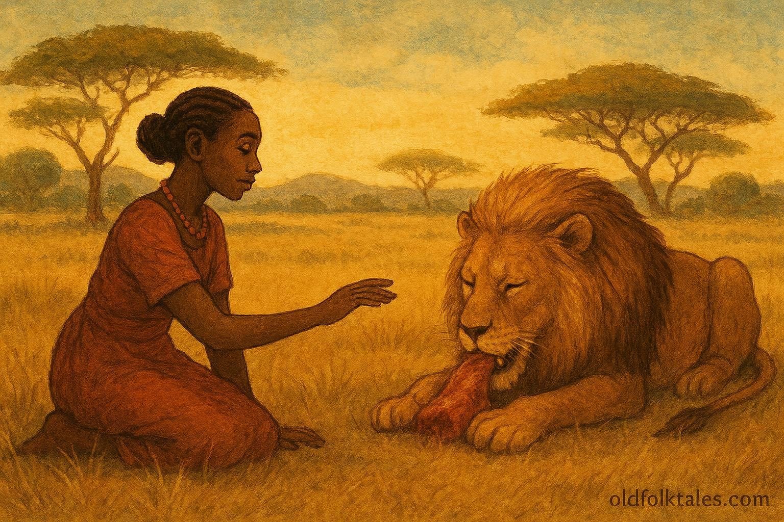 A young woman calmly approaching a lion while it eats in a peaceful savannah setting