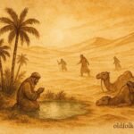 An illustration of honest trader at oasis while others see desert, Libyan folktale scene.
