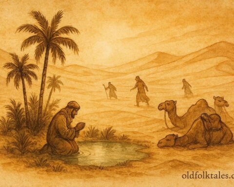 An illustration of honest trader at oasis while others see desert, Libyan folktale scene.