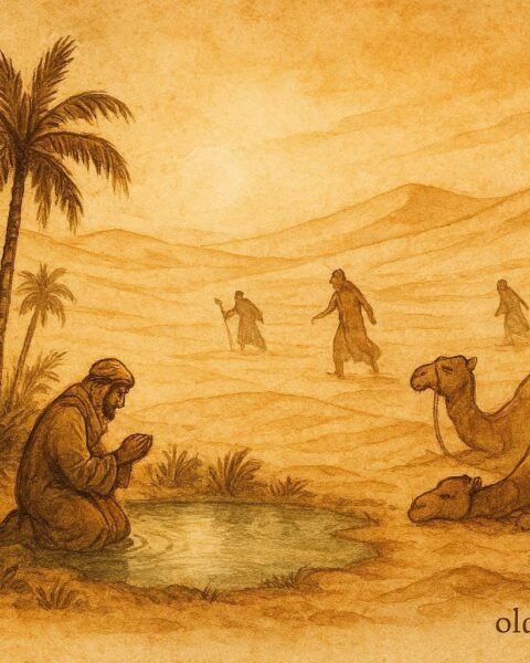 An illustration of honest trader at oasis while others see desert, Libyan folktale scene.