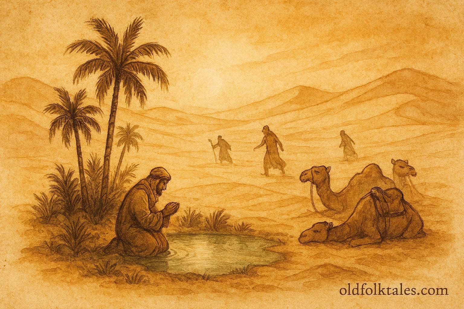 An illustration of honest trader at oasis while others see desert, Libyan folktale scene.