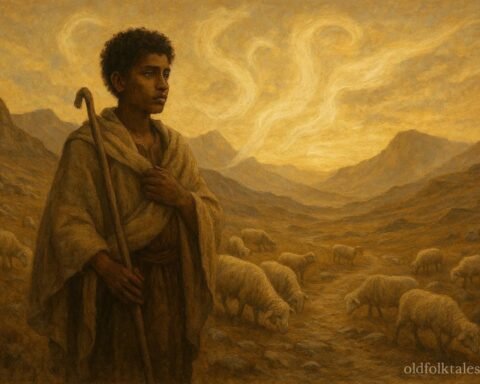 An illustration of lost shepherd in Eritrean mountains guided by ancestral spirit.