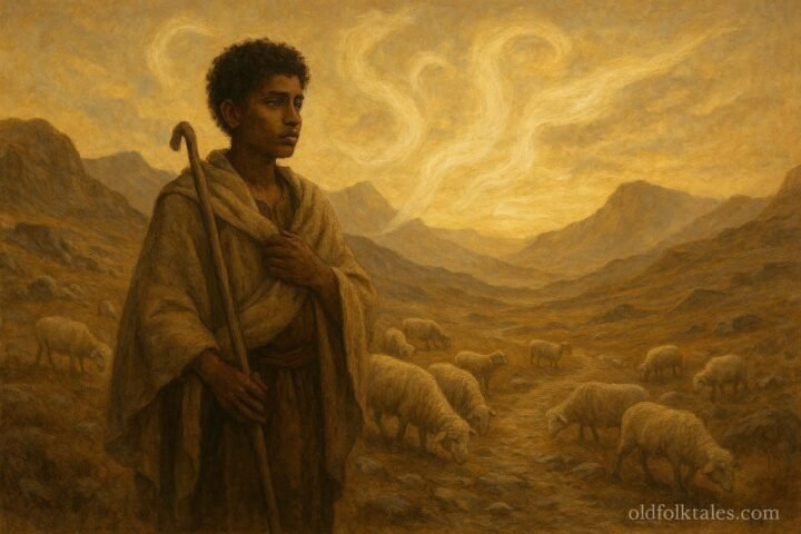 An illustration of lost shepherd in Eritrean mountains guided by ancestral spirit.