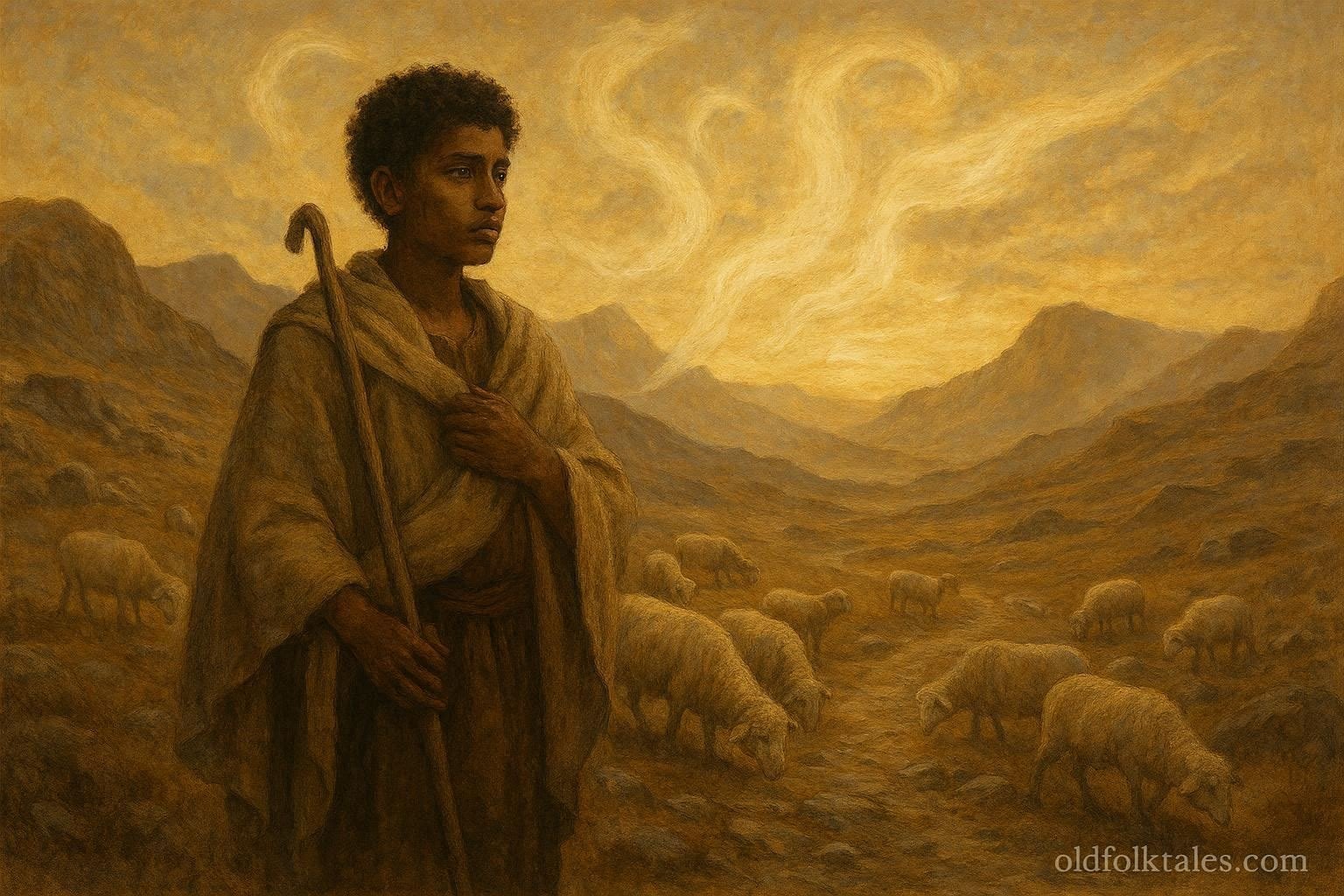 An illustration of lost shepherd in Eritrean mountains guided by ancestral spirit.