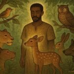 A man in a forest listening as animals communicate around him in a Cameroonian folktale