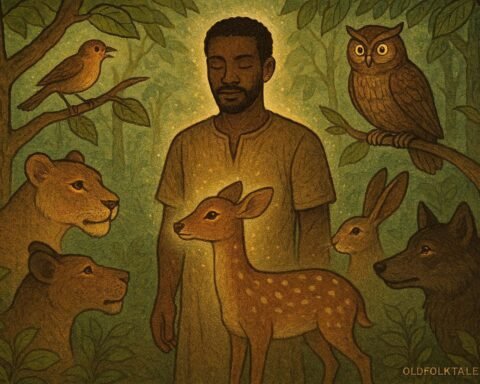 A man in a forest listening as animals communicate around him in a Cameroonian folktale