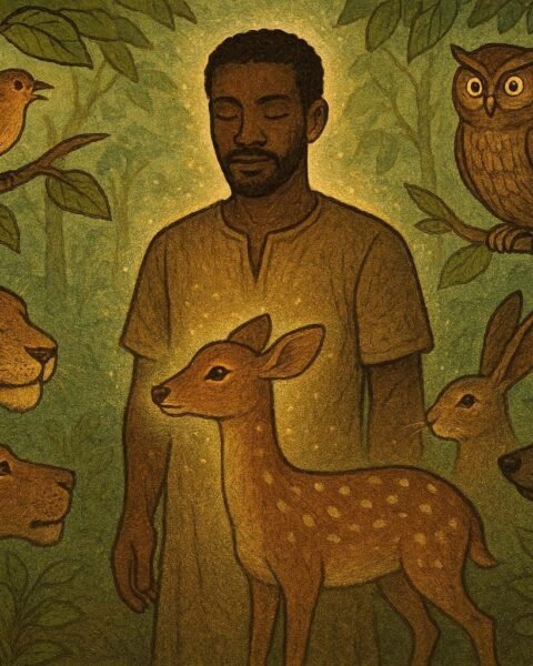 A man in a forest listening as animals communicate around him in a Cameroonian folktale