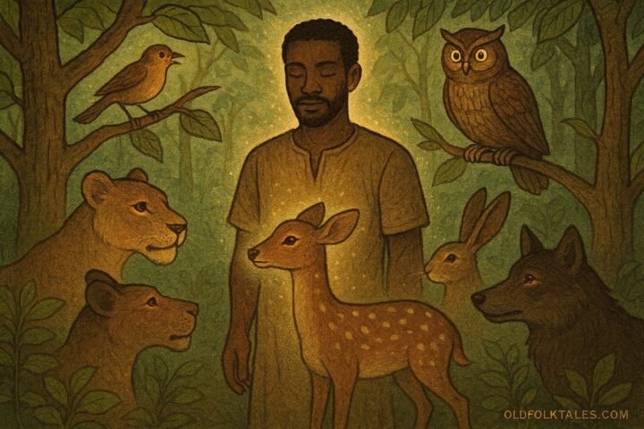 A man in a forest listening as animals communicate around him in a Cameroonian folktale