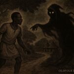 An African man walking on a forest path while a shadowy spirit figure warns him in a dreamlike scene