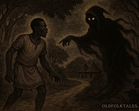 An African man walking on a forest path while a shadowy spirit figure warns him in a dreamlike scene
