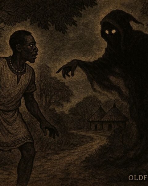An African man walking on a forest path while a shadowy spirit figure warns him in a dreamlike scene