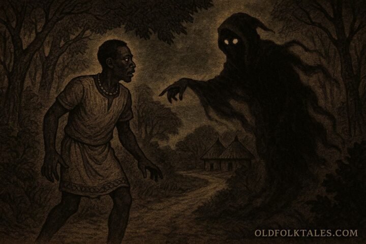 An African man walking on a forest path while a shadowy spirit figure warns him in a dreamlike scene