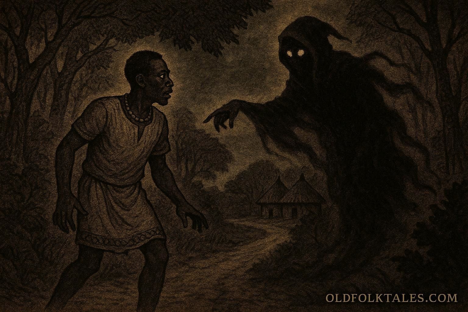 An African man walking on a forest path while a shadowy spirit figure warns him in a dreamlike scene