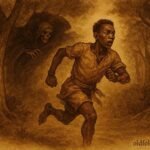illustration of a man running through a forest at night, Beninese folktale scene.